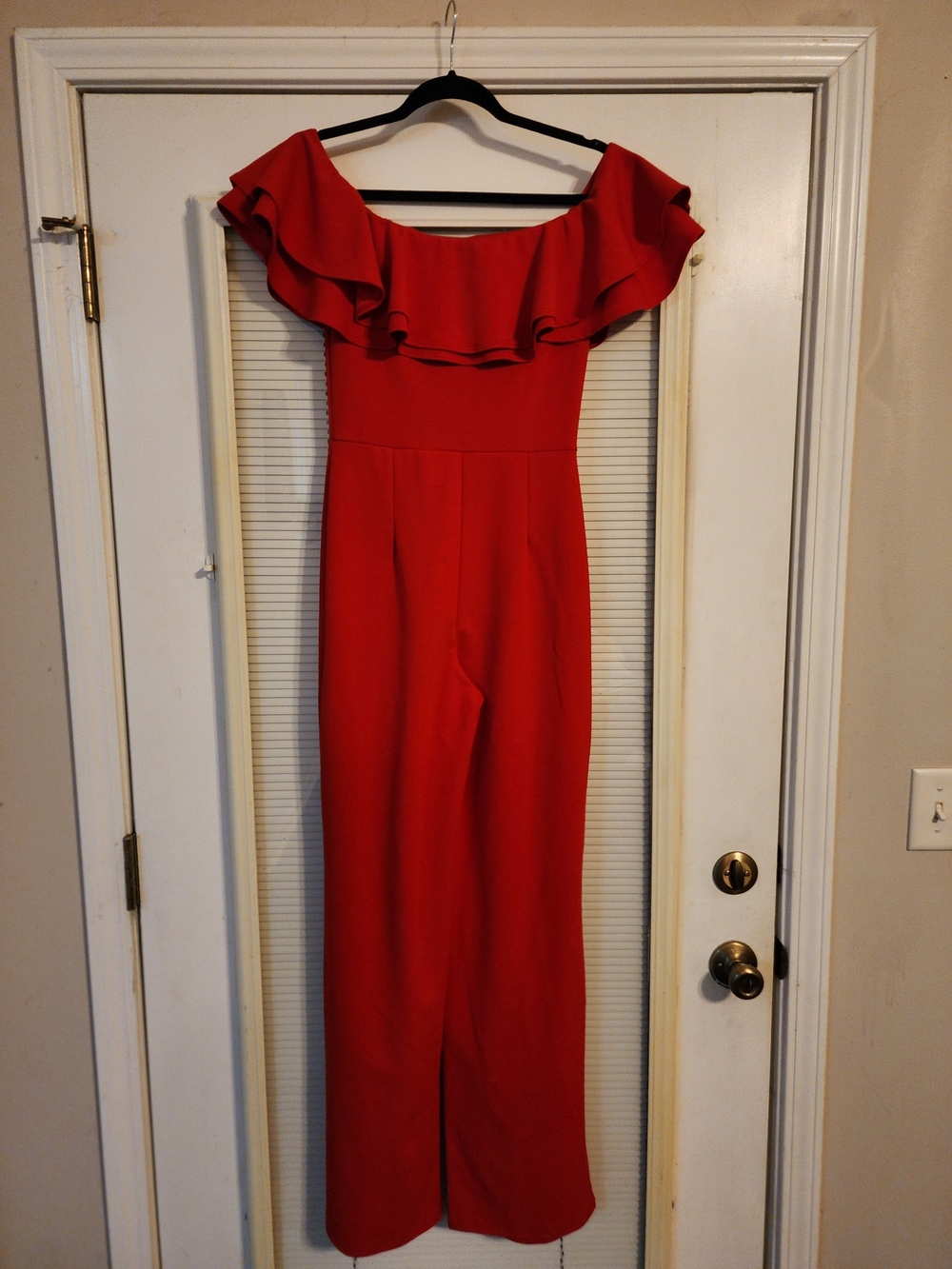 BLVD Red Off-the-Shoulder Ruffle Jumpsuit